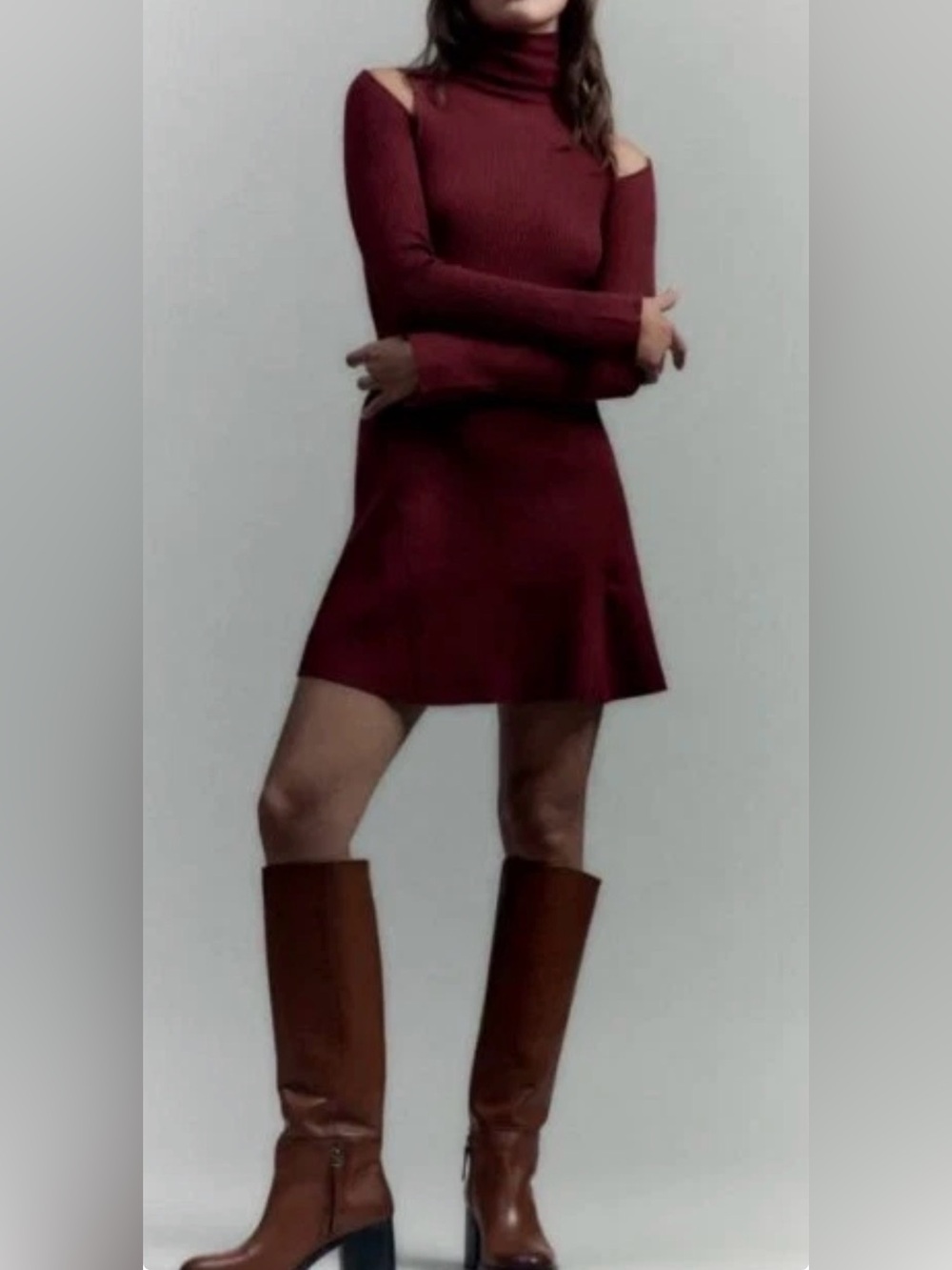ZARA Ribbed Turtleneck Midi Dress in Burgundy Size S NWT